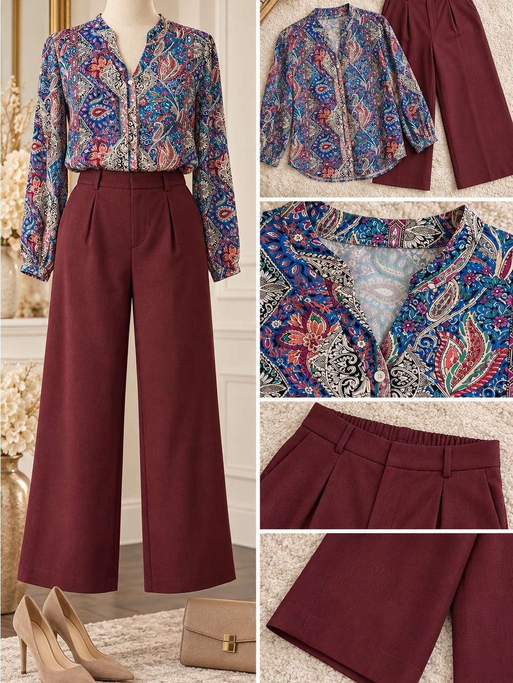Paisley Print Blouse and Burgundy Wide-Leg Pants Set